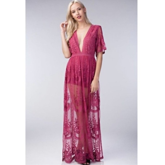 Honey Punch Pink Lace Romper Maxi Dress Size Small Plunging Neckline Feminine - Picture 1 of 15